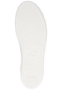 Semelle de chaussure en caoutchouc blanc avec un motif de grip texturé ; présente un logo circulaire avec les lettres "pg" et des détails gravés près du talon.