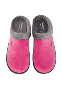 Las chinelas de ante rosa cuentan con un forro de pelo sintético gris, bordes redondeados y una suela plana negra, diseñadas para la comodidad y facilidad de uso.