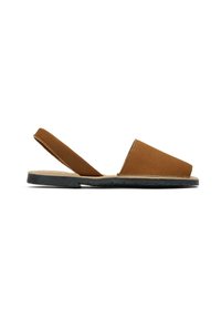 Brown suede slingback sandal with flat rubber sole, open toe design, and minimalistic structure. Features a simple, clean shape.