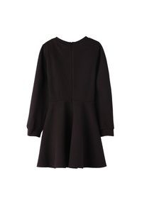 Schwarzes langärmliges Kleid mit tailliertem Oberteil und ausgestelltem Rock. Mit Rundhalsausschnitt und Reißverschluss hinten. Weicher, strukturierter Stoff.