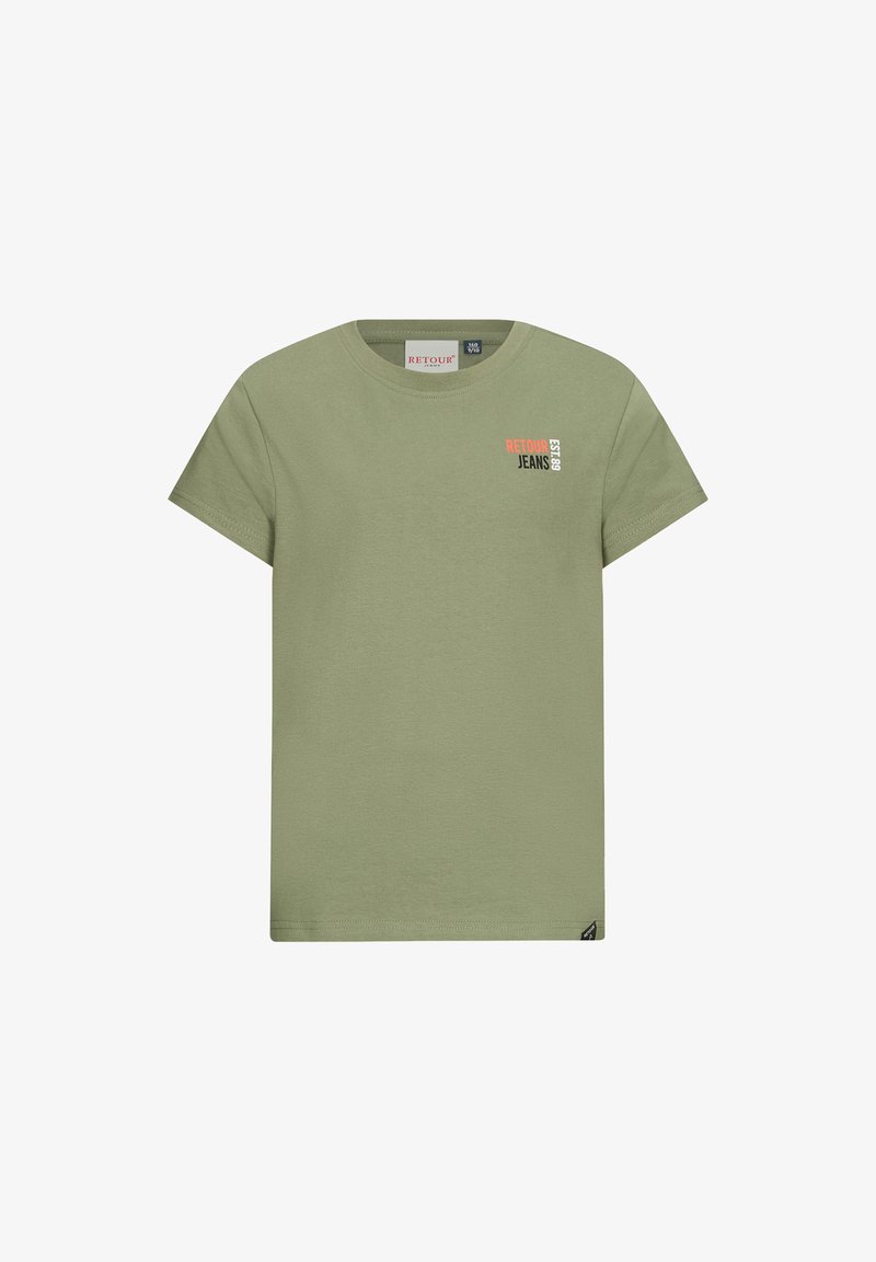 T-shirt a maniche corte verde oliva in cotone, con il testo "RETOUR JEANS EST 89" in bianco e arancione, scollo rotondo e vestibilità standard.
