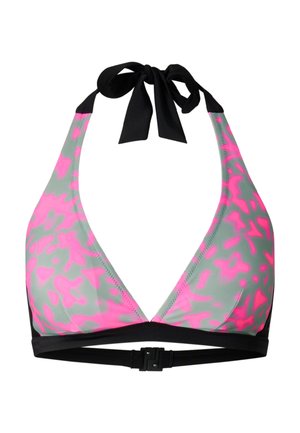 Triangle bikini top with pink and gray abstract pattern, black halter neck tie, and black clasp closure at the back.