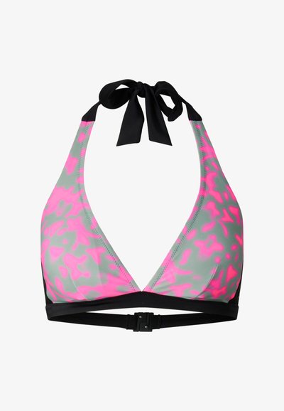 Dreieck-Bikinioberteil mit rosa-grauem abstraktem Muster, schwarzer Neckholder-Schnur und schwarzem Verschluss hinten.