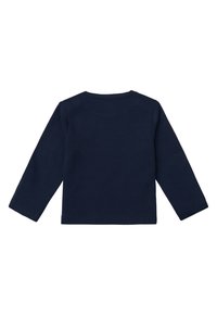Marineblaues Langarm-Cotton-Shirt mit Rundhalsausschnitt und geradem Schnitt. Glatte Textur und abgeschlossene Bündchen. Keine Muster oder Logos vorhanden.
