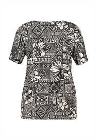 Zwart-witte kortslip shirt met bloemen- en geometrische patronen, ronde halslijn en een relaxte pasvorm. Gemaakt van lichtgewicht stof.