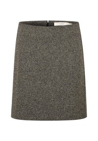 Jupe en mélange de laine de couleur grise texturée, avec une forme légèrement évasée, dotée d'une fermeture éclair discrète au dos et d'une taille lisse.