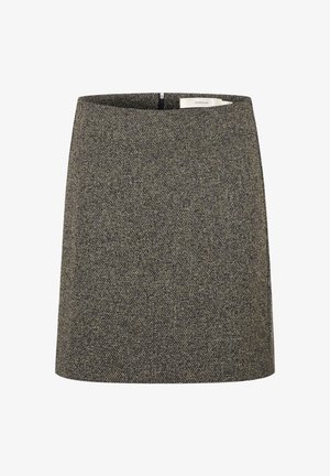 Gonna in misto lana grigia con una forma leggermente svasata, dotata di una cerniera posteriore discreta e di una vita liscia.