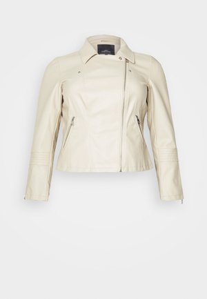 Jachetă din piele ecologică bej cu guler, fermoar asimetric și două buzunare cu fermoar. Include accente cusute pe mâneci și corp.