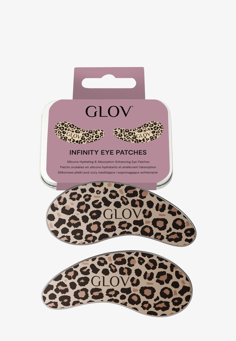 Patchs pour les yeux en silicone au motif léopard, présentés dans une boîte en métal argentée avec une étiquette rose et noire. Ils possèdent des propriétés hydratantes.