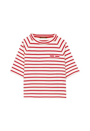 Short-sleeve, crew-neck shirt in white with red horizontal stripes. Features a small chest pocket with a red stripe and white button detail.