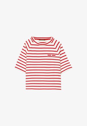 Short-sleeve, crew-neck shirt in white with red horizontal stripes. Features a small chest pocket with a red stripe and white button detail.
