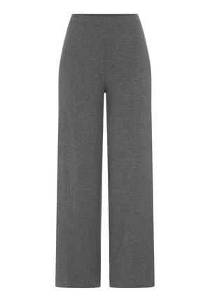 Grijze ribgebreide wijde broek met elastische tailleband, enkelhoogte, eenvoudige en casual stijl.