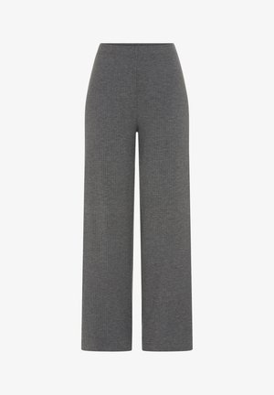 Sivé rebrované široké nohavice z pleteniny s elastickým pásom, dĺžka po členky, jednoduchý a ležérny štýl.