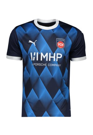 Maglia atletica blu navy con un motivo a diamante in azzurro chiaro, maniche corte, scollo rotondo con bordino bianco e dettagli con logo.
