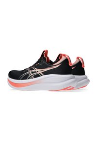 Black athletic shoes with pink accents, a sleek design, cushioned sole, and mesh upper. Features a rounded toe and branding on the side.