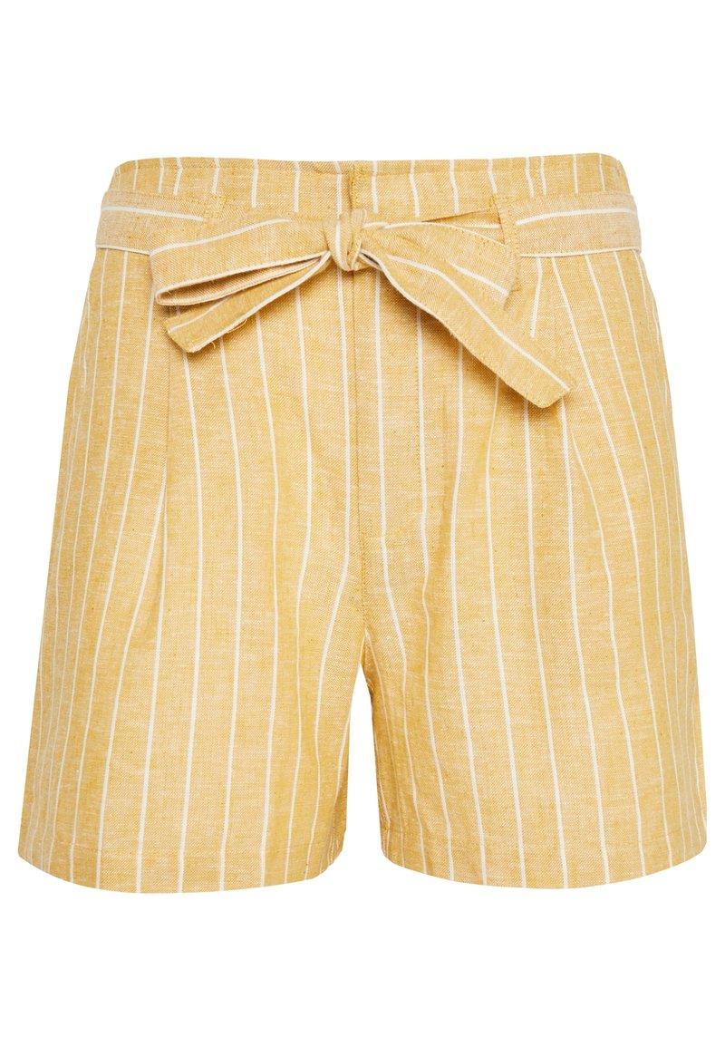Keltaiset raidalliset shortsit, jotka on valmistettu teksturoidusta kankaasta. Niissä on solmittava vyö ja sivutaitokset. Raidat ovat valkoisia keltaisella taustalla.