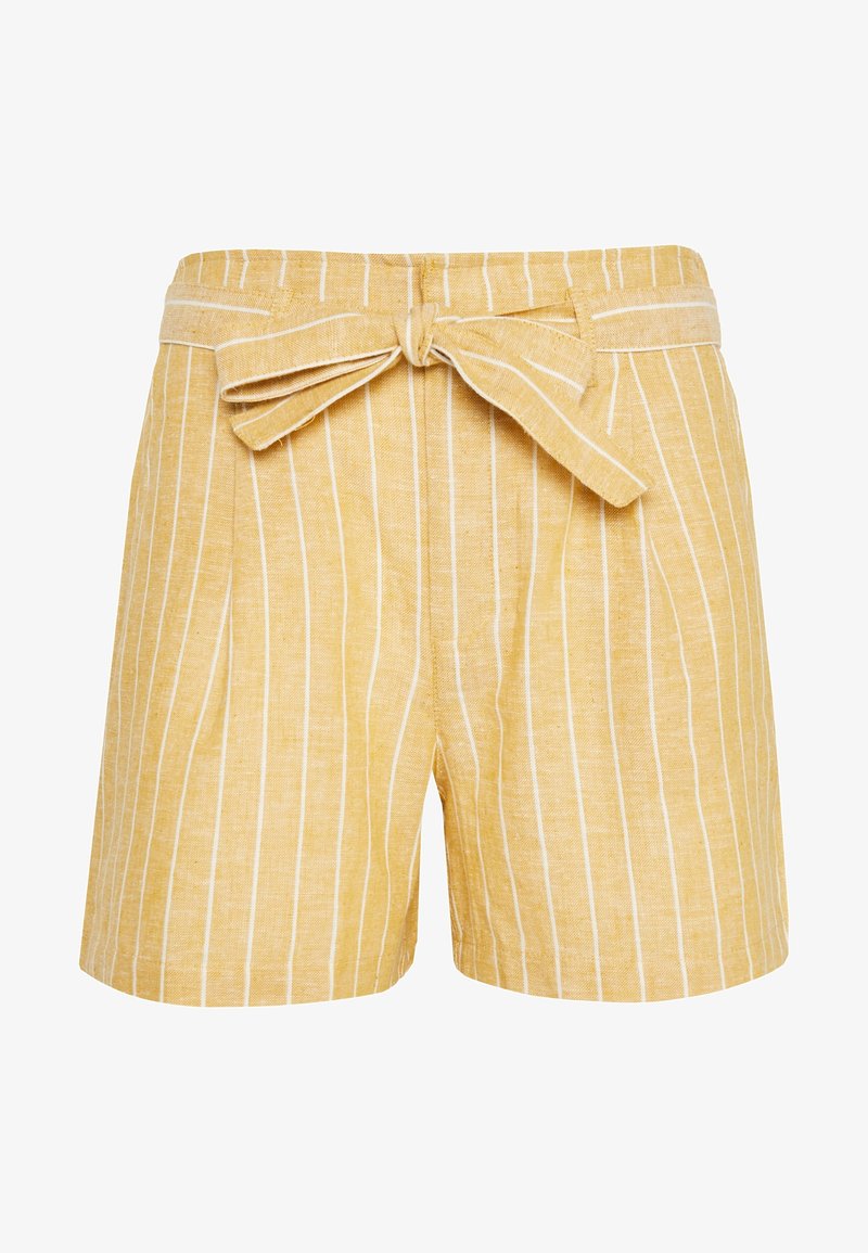Shorts à rayures jaunes en tissu à finition texturée. Dotés d'une ceinture à nouer et de plis latéraux. Les rayures sont blanches sur fond jaune.