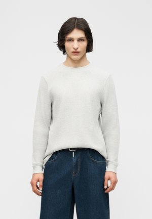 Giovane con capelli scuri e mossi che indossa un maglione lavorato a maglia grigio chiaro a maniche lunghe e jeans blu scuro a gamba larga su uno sfondo semplice.