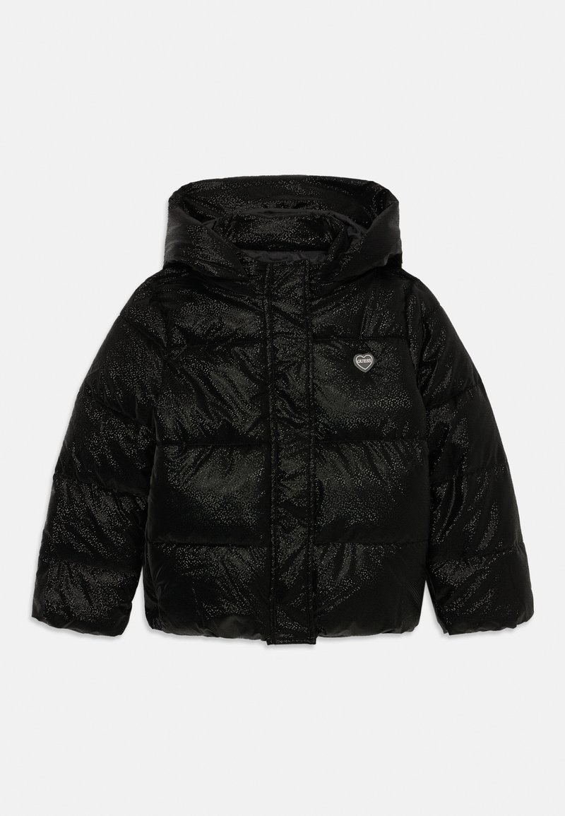 Black puffer jacket with a glossy finish, featuring a hood, quilted design, and a small heart logo on the chest. Zippered front closure.