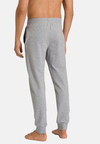 Grijze katoenen sweatpants met een aangesloten boord, elastische tailleband en zijzakken, van de achterkant weergegeven op een model met blote huid.