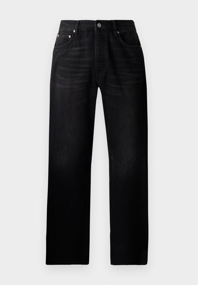 Černé džíny rovného střihu z denimu se zesvětlenou texturou, designem s pěti kapsami a kovovým zapínáním v pase.