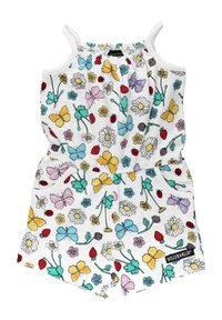 Bílý bavlněný overal s květinovým a motýlkovým potiskem v různých barvách, s elastickými ramínky a nařaseným pasem. Obsahuje kapsy.