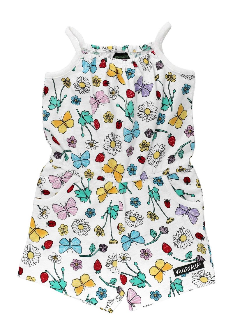 Bílý bavlněný overal s květinovým a motýlkovým potiskem v různých barvách, s elastickými ramínky a nařaseným pasem. Obsahuje kapsy.