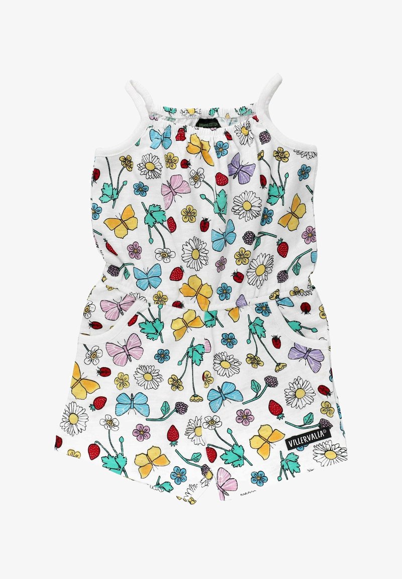 Weißer Baumwoll-Overall mit floralem und Schmetterlingsdruck in verschiedenen Farben, mit elastischen Trägern und einer gerafften Taille. Inklusive Taschen.