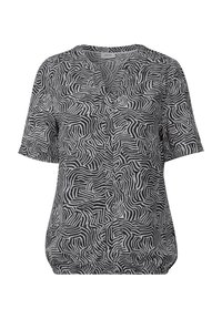 Blouse à manches courtes en noir et blanc, ornée d'un motif abstrait ondulé, avec un décolleté en V et un ourlet légèrement froncé. Fabriquée en tissu léger.