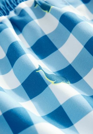 Blau-weißer karierter Stoff mit glatter Textur, der kleine Fischgrafiken in Grün und Dunkelblau zeigt.