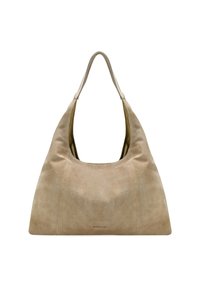 Bolso hobo de ante beige con una textura suave, abertura amplia y una sola correa para el hombro. Diseño minimalista con un sutil detalle del logo en la base.