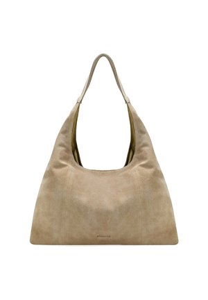 Bolso hobo de ante beige con una textura suave, abertura amplia y una sola correa para el hombro. Diseño minimalista con un sutil detalle del logo en la base.