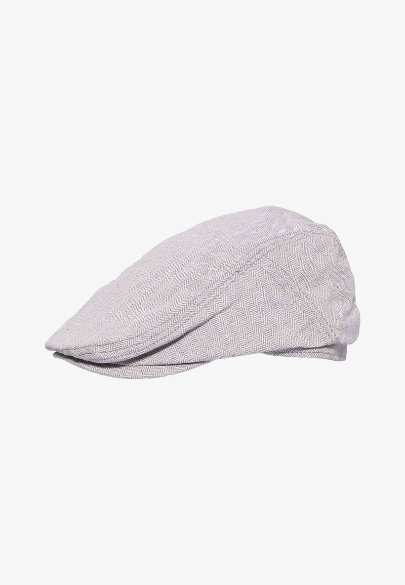 Gorra plana gris claro con un sutil patrón de espiga y una visera frontal curvada, presentada sobre un fondo blanco.
