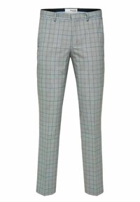 Šedé kostkované kalhoty s jemným vzorem a modrými akcenty, vyrobené z hladké látky a střižené do rovného střihu.