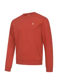 Roter Baumwollpullover mit geripptem Halsausschnitt und Bündchen. Mit einem kleinen, goldenen gestickten Logo. Einfaches, lässiges Design mit normaler Passform.