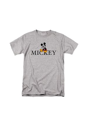 Graues Baumwoll-T-Shirt mit einem schwarzen und roten Motiv von Mickey Mouse, darunter in fetten, schwarzen Buchstaben das Wort "MICKEY" gedruckt.