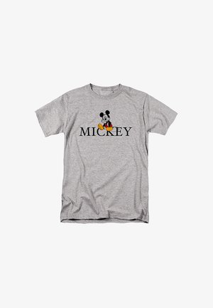 Graues Baumwoll-T-Shirt mit einem schwarzen und roten Motiv von Mickey Mouse, darunter in fetten, schwarzen Buchstaben das Wort "MICKEY" gedruckt.