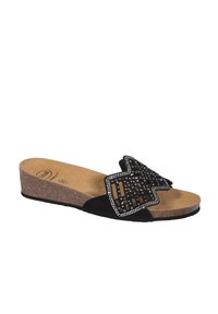 Sandalo nero a zeppa con tomaia in suede texture, impreziosito da un design geometrico in strass. Fodera in sughero e suola in gomma.