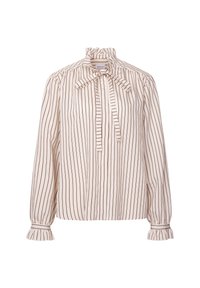 Blouse crème avec des rayures verticales marron, manches longues bouffantes, poignets à volants, col haut volanté et nœud papillon à l'avant.