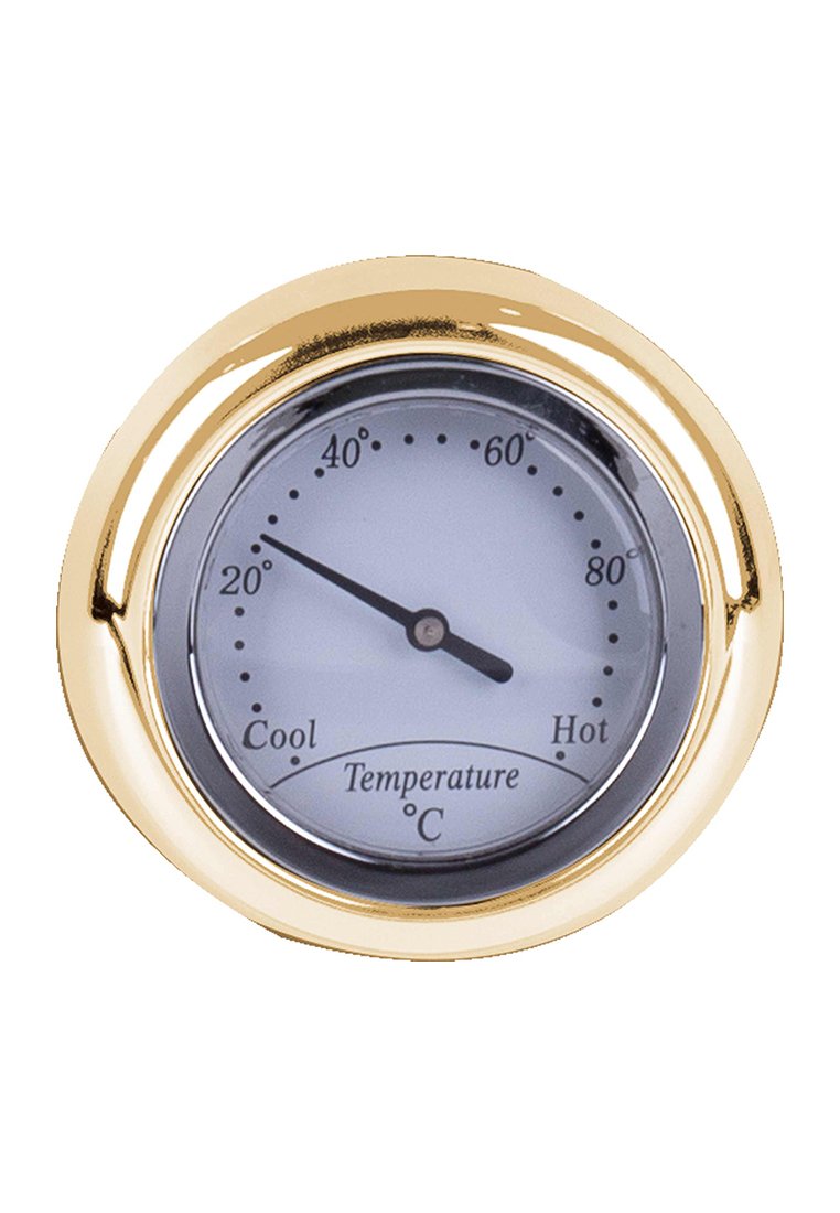 Analogový teploměr se zlatým rámem, ukazatel směřuje na 18 °C mezi chladným a teplým rozsahem.