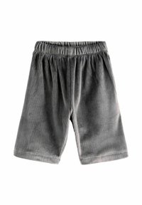Pantaloni corti in velluto a coste grigi con vita elastica, caratterizzati da una sottile texture a righe e una vestibilità ampia. Senza tasche o dettagli aggiuntivi.
