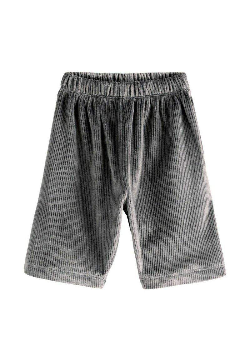 Pantaloni corti in velluto a coste grigi con vita elastica, caratterizzati da una sottile texture a righe e una vestibilità ampia. Senza tasche o dettagli aggiuntivi.