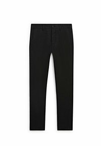 Zwarte broek gemaakt van een gladde, lichte stof, met een knoop- en ritssluiting, en een op maat gemaakte, rechte pasvorm.
