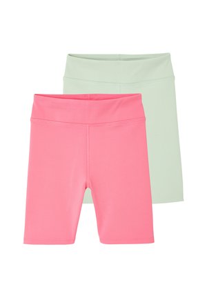 Set of two high-waisted, knee-length bike shorts in pink and light green, displayed flat on a white background.