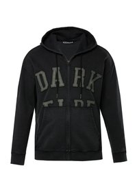 Felpa nera con zip realizzata in tessuto morbido. Presenta la scritta "DARK FLARE" in grandi lettere testurizzate sul davanti e due tasche frontali.