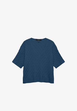Modra pletena majica s kratkimi rokavi in V-izrezom. Ima teksturiran vzorec s kabelskim pletenjem in rebrast rob. Material se zdi mehak in raztegljiv.