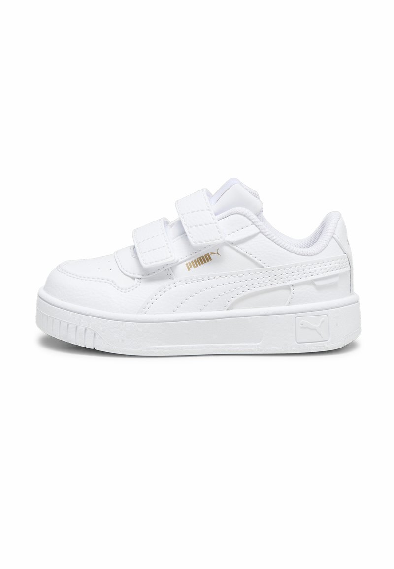 Weiße Sneaker mit einer glatten Ledertextur, Gummisohle, zwei verstellbaren Klettverschlüssen und dezenten goldenen Akzenten.