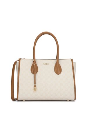 Kreemikas käekott tan-nahast käepidemete ja ääristega, pehme logomustriga, kuldse brändinimega ja eemaldatava õlakotirihmaga.