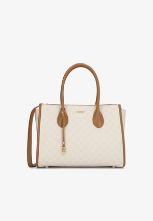 Geantă crem cu mânere și margini din piele maro deschis, model subtil cu logo, numele brandului în culoare aurie și curea de umăr detașabilă.