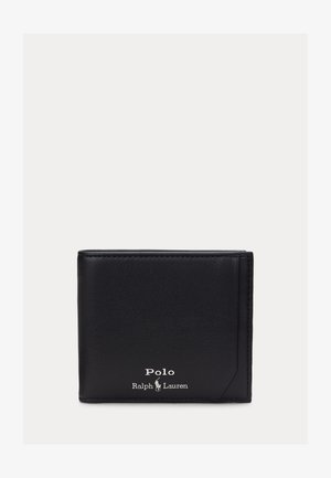 Portofel negru din piele cu două clapete, cu logo alb "Polo Ralph Lauren" și emblemă cu călăreț pe cal în centrul frontal, pe un fundal simplu.